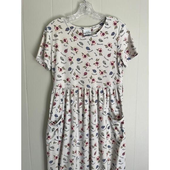 Vintage 90s Y2K Cottagecore Garden Print Midi Dress Small Ladybug Floral Stretch - Picture 5 of 16